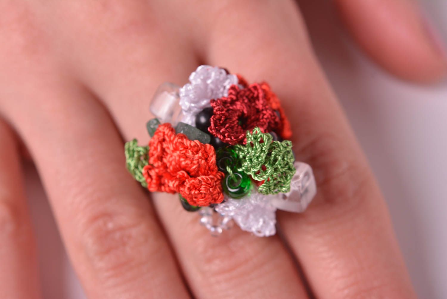Вязаное украшение кольцо ручной работы бижутерия кольцо с натуральными камнями фото 3