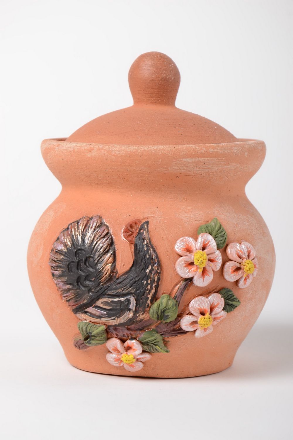 Unusual handmade painted ceramic sugar bowl beautiful clay pot with lid 500 ml photo 2