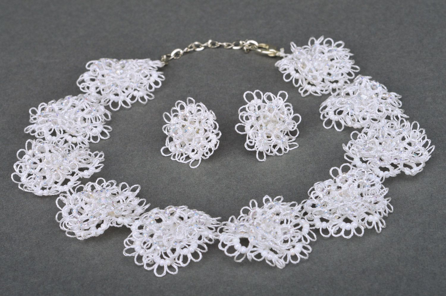 Handmade jewelry set tatted earrings and necklace woven of white satin threads  photo 3