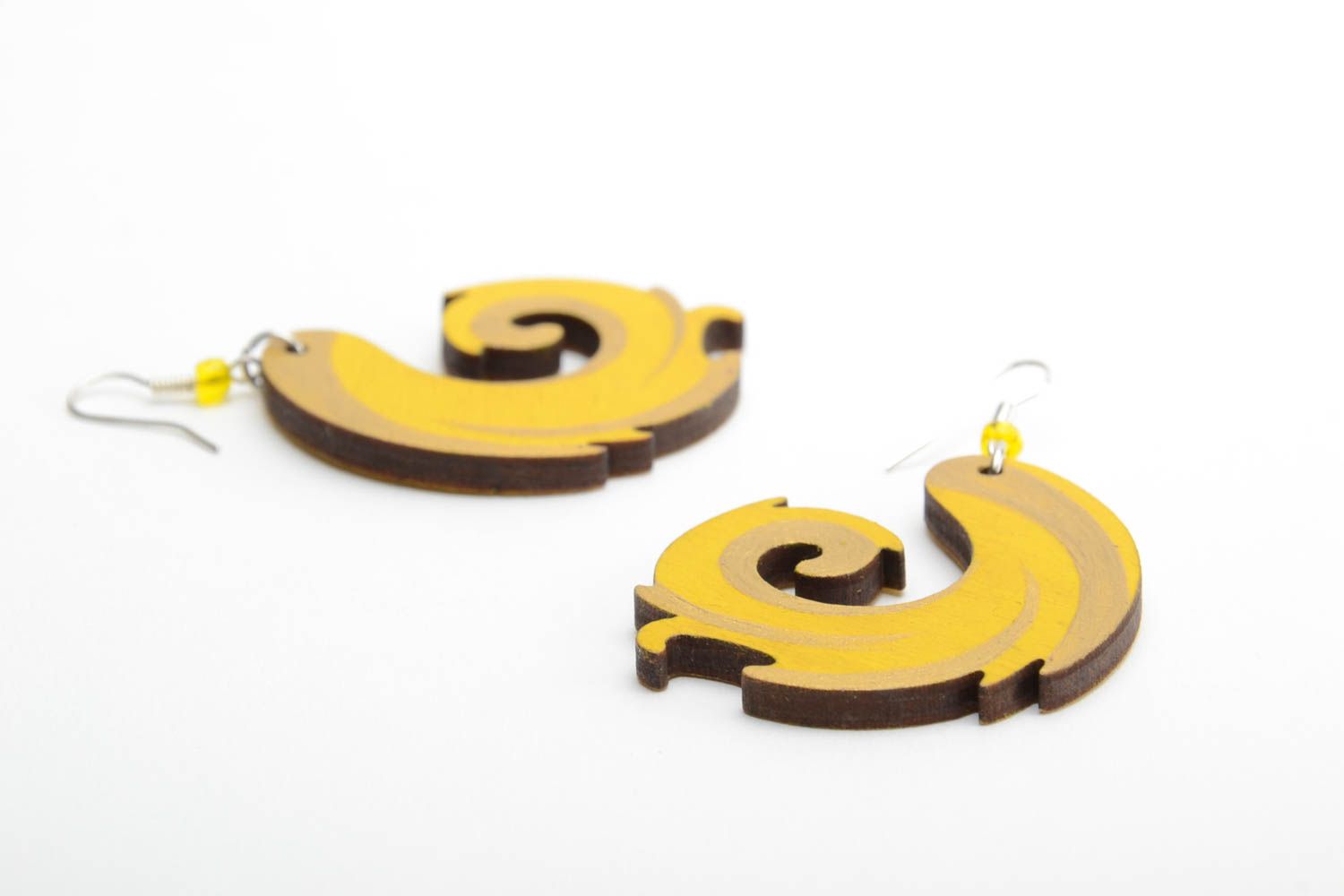 Handmade designer bright painted plywood dangling earrings in yellow color shade photo 3