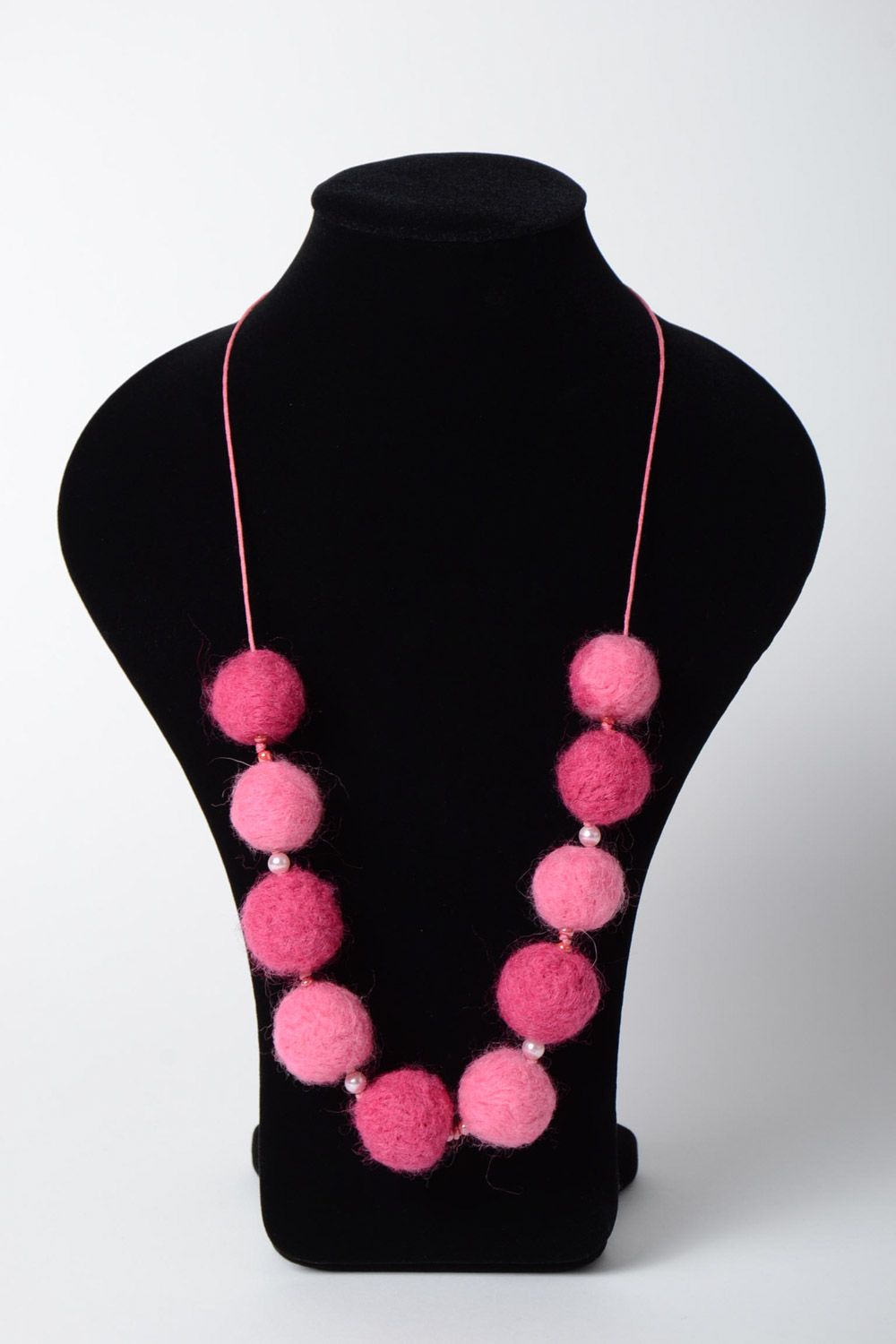 Beautiful pink soft wool ball necklace created using wet felting technique photo 5
