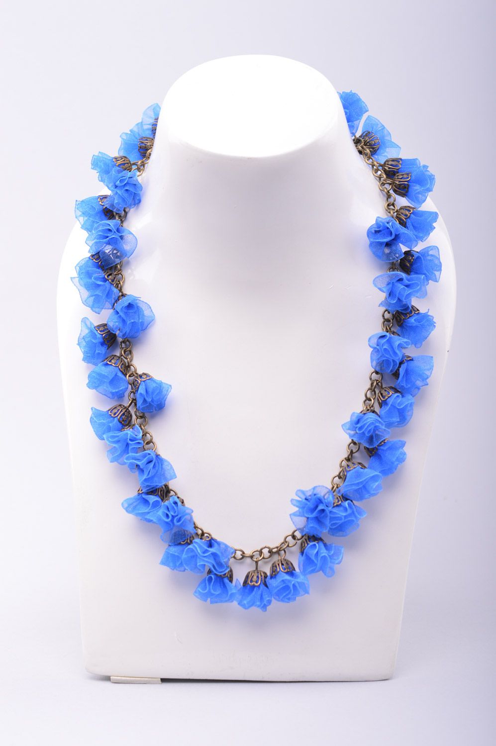 Bright handmade women's ribbon flower necklace of blue color Cornflowers photo 4