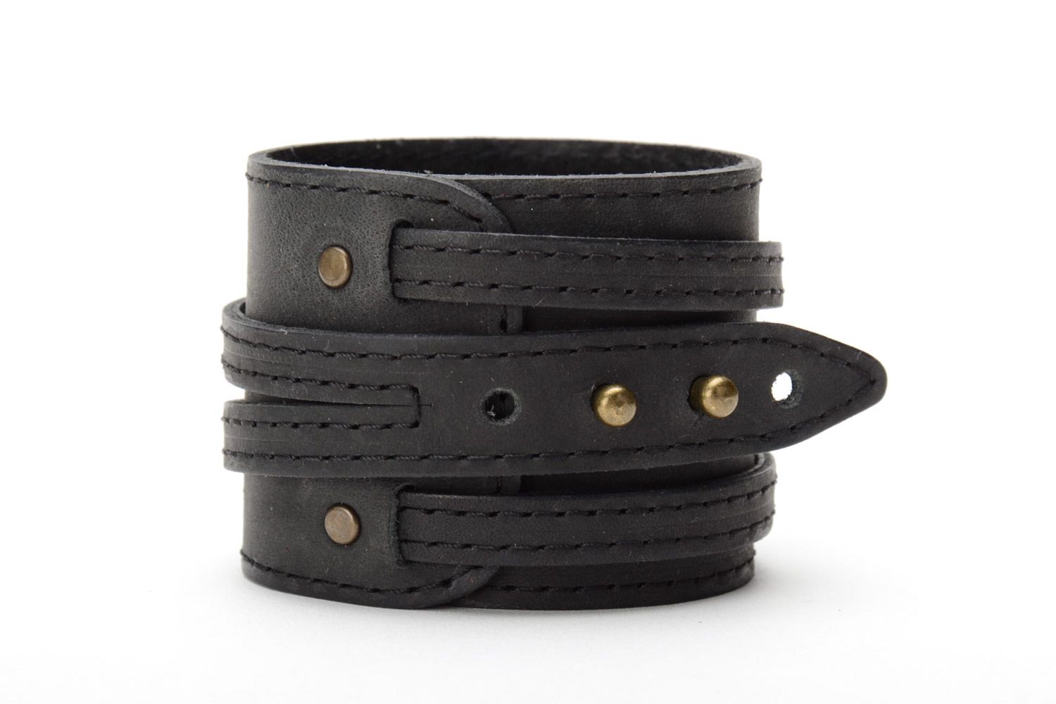 Stylish handmade black genuine leather wide bracelet wristband unisex photo 5