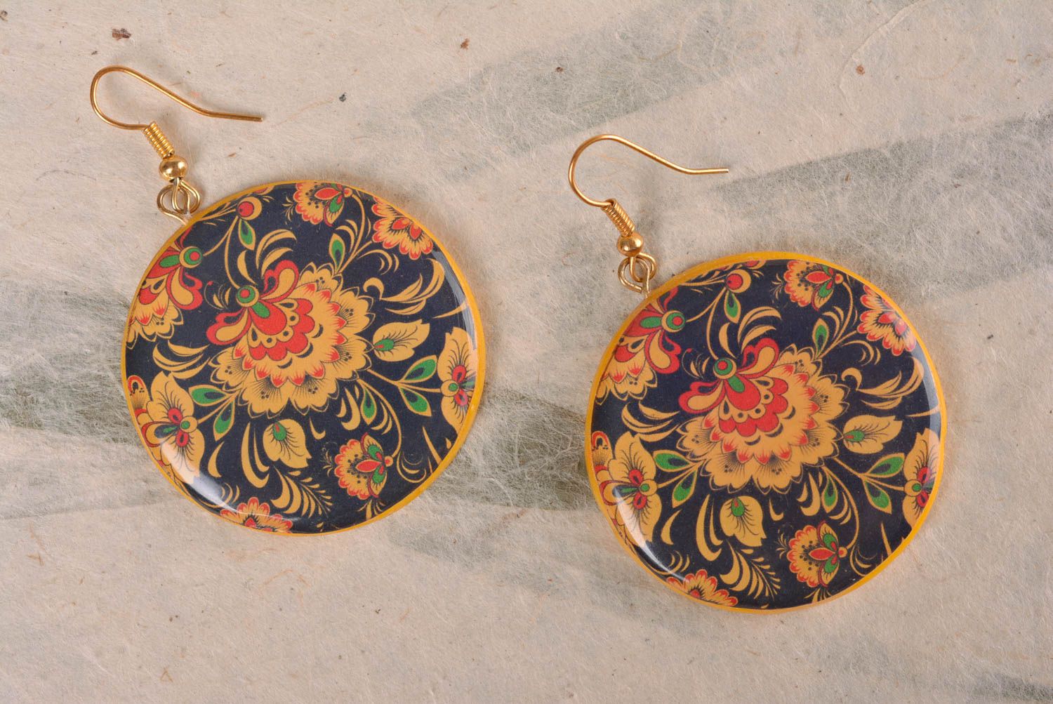 Round handmade earrings of epoxy resin with a print in decoupage technique photo 1