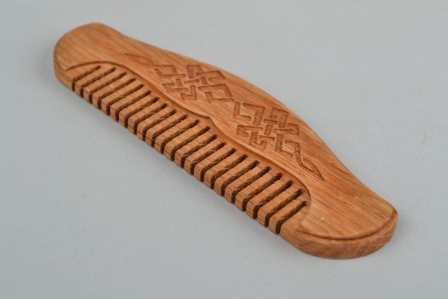 Handmade comb for beard and mustache made of oak wood with carved ornament photo 4