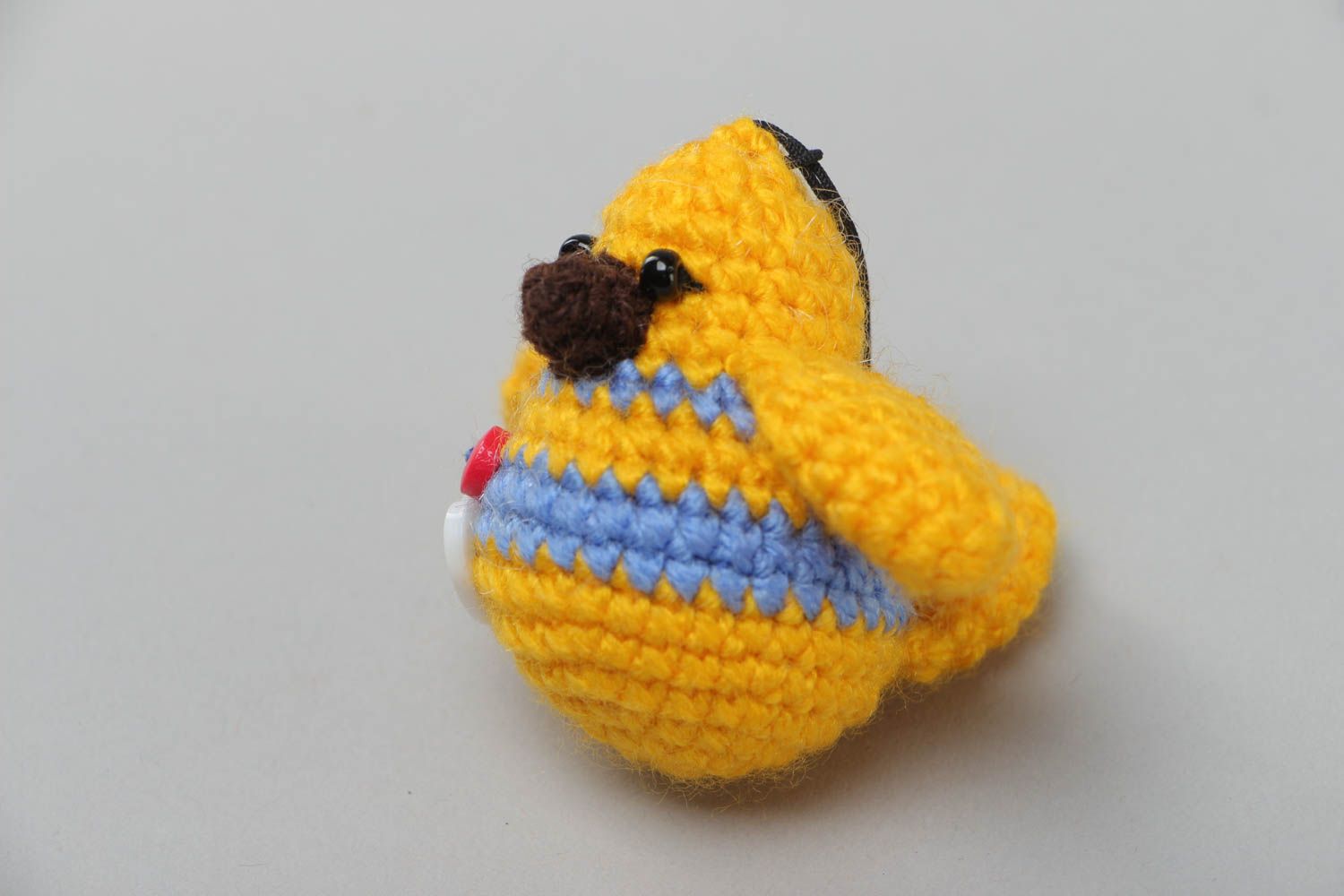 Handmade crocheted soft toy keychain in the shape of small yellow chicken photo 2