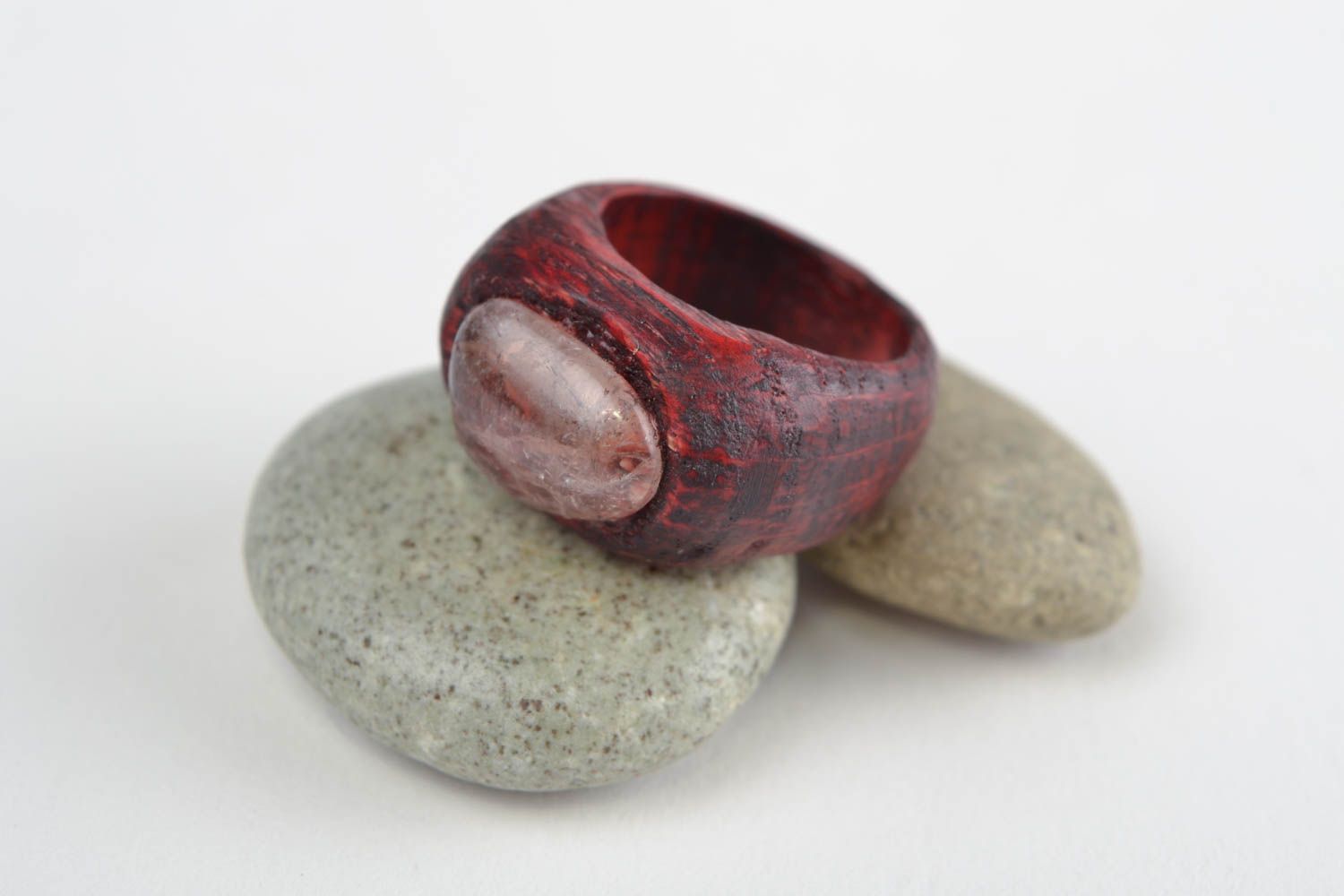 Handmade designer carved wooden red jewelry ring with natural stone for women photo 1
