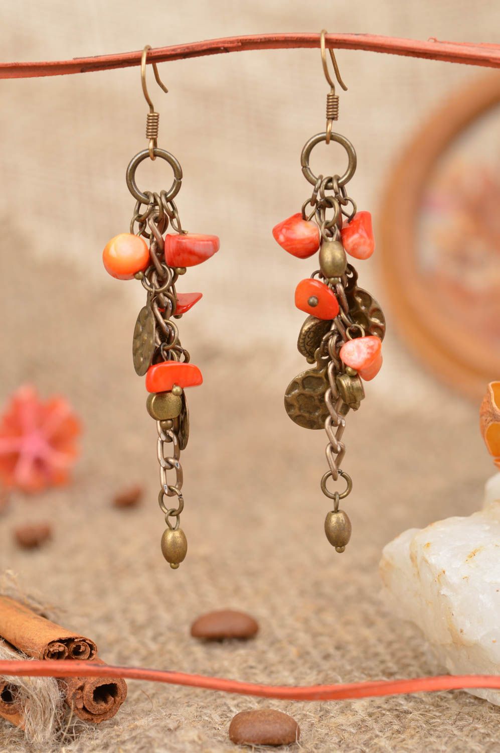Handmade designer long dangle metal earrings with coins and coral like beads photo 1