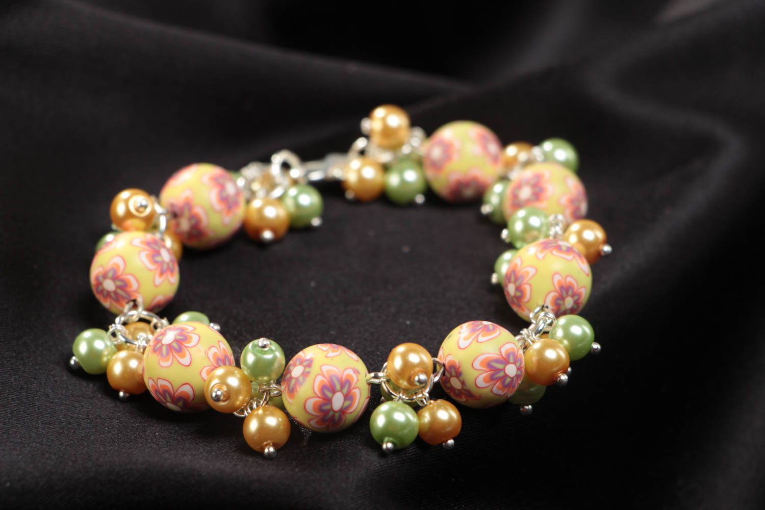 Children's handmade yellow polymer clay bracelet with ceramic pearls photo 1