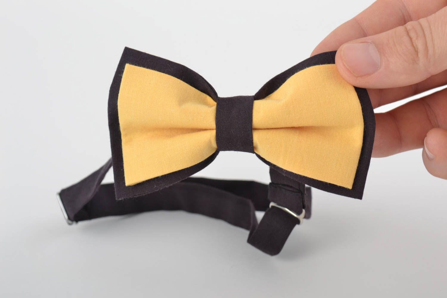 Beautiful large handmade designer yellow and black cotton fabric bow tie  photo 4