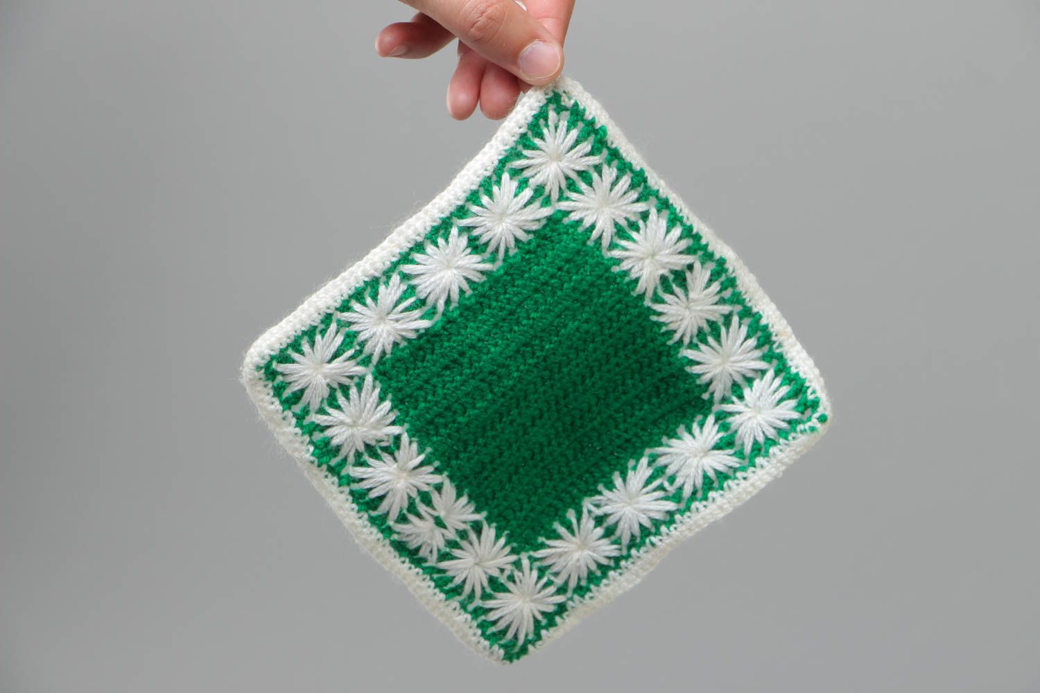 Handmade small square napkin crocheted of green and white acrylic threads photo 5