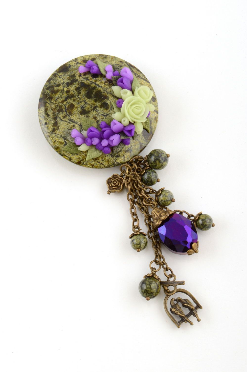 Round stylish handmade beautiful brooch with charm and natural stone Jade photo 1