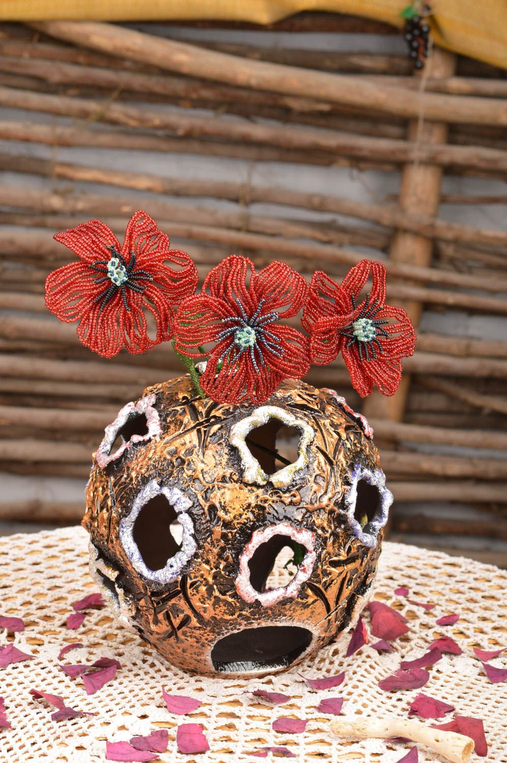 Flores decorativas artificiales de abalorios hechos a mano 3 piezas amapolas foto 1