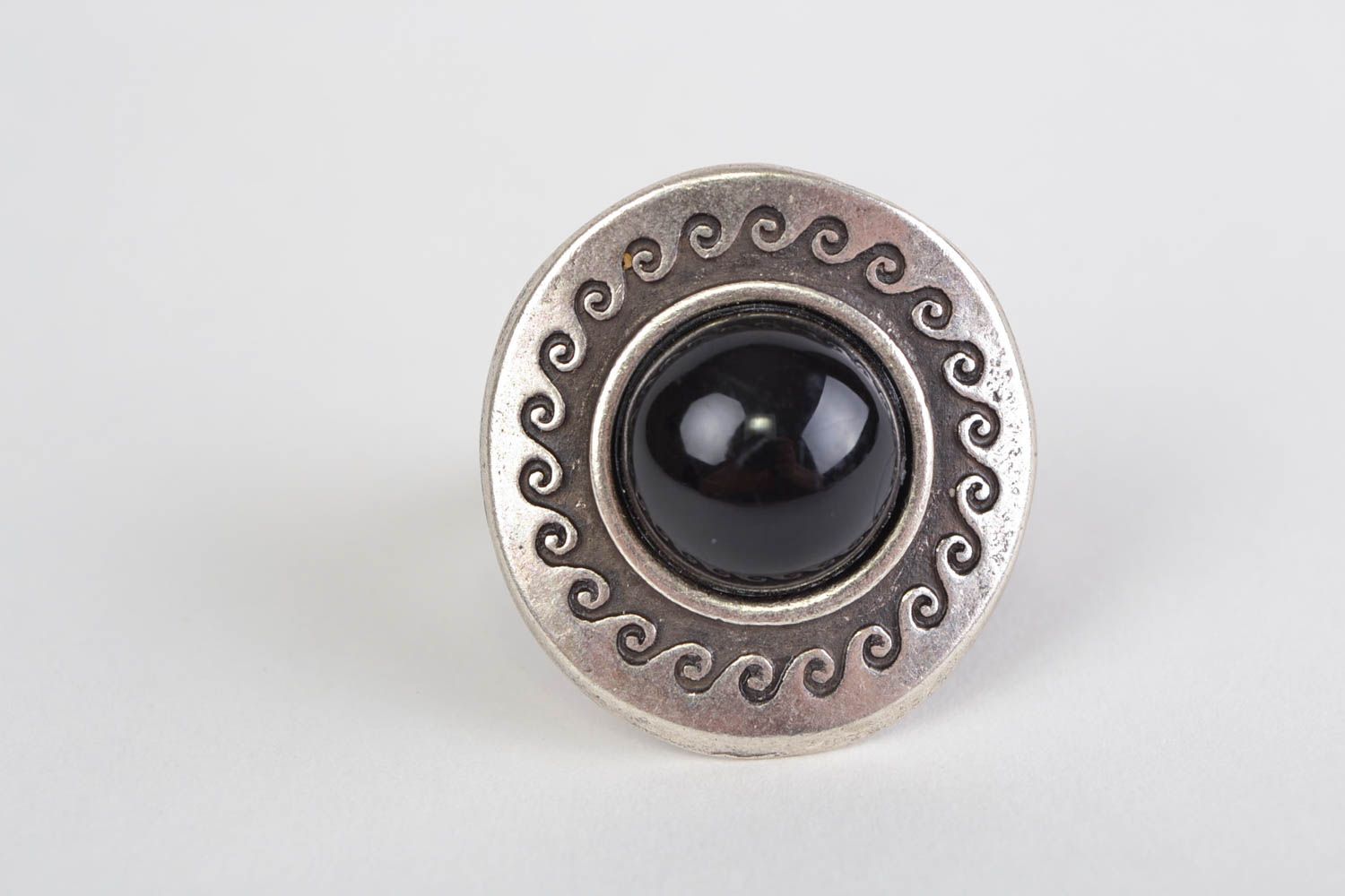 Handmade jewelry ring cast of hypoallergenic metal with black Czech glass bead photo 3