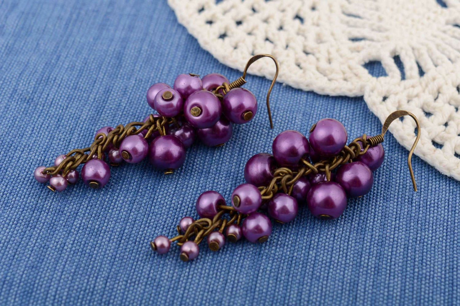 Handmade violet festive dangle earrings with ceramic pearl beads on metal chain photo 1