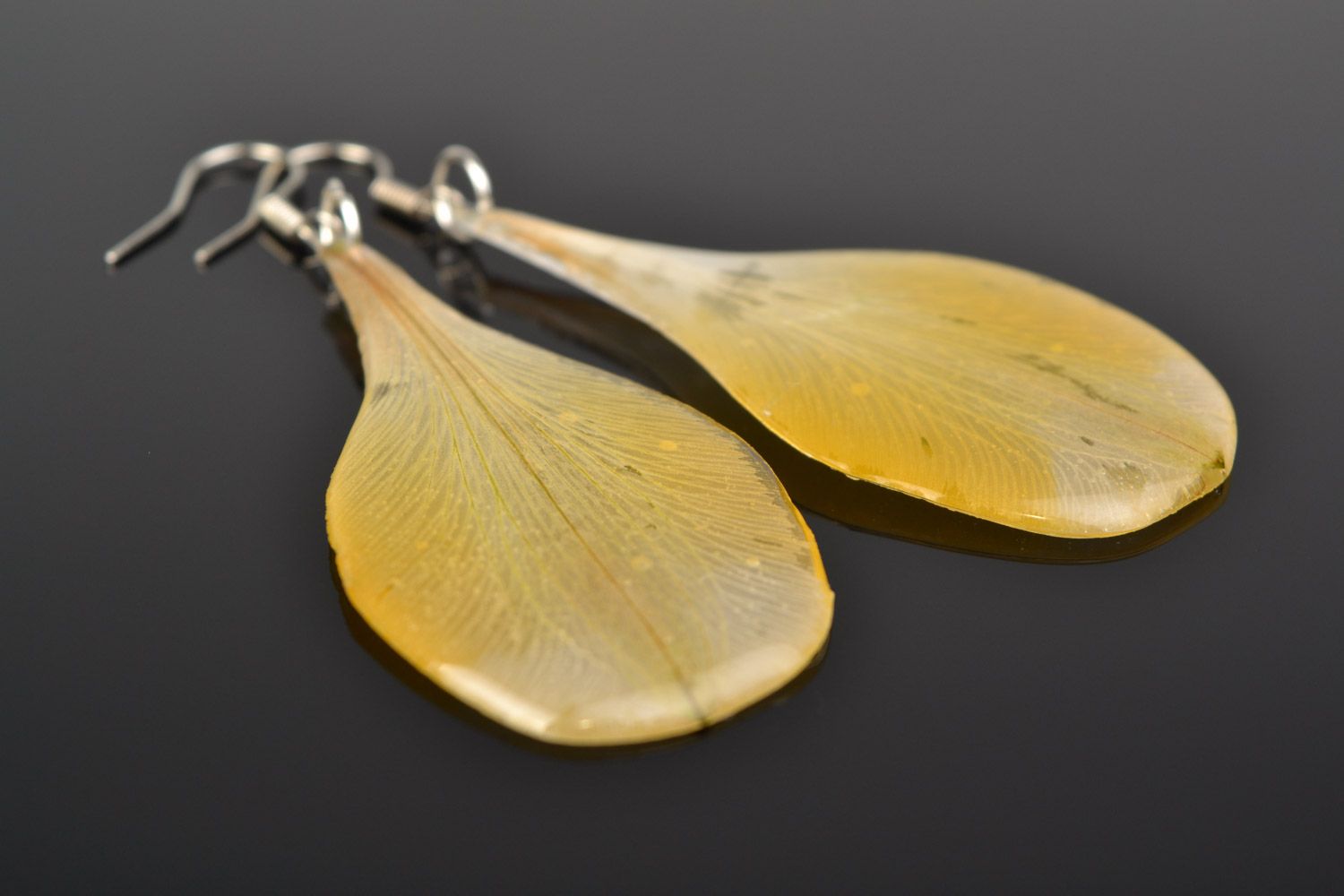 Handmade long yellow dangle earrings with alstroemeria flower is epoxy resin  photo 1