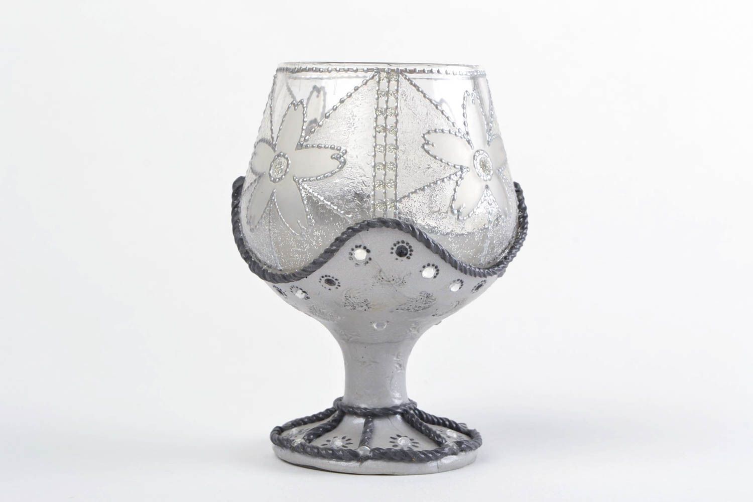 Handmade designer festive glass candlestick with gray acrylic painting photo 5
