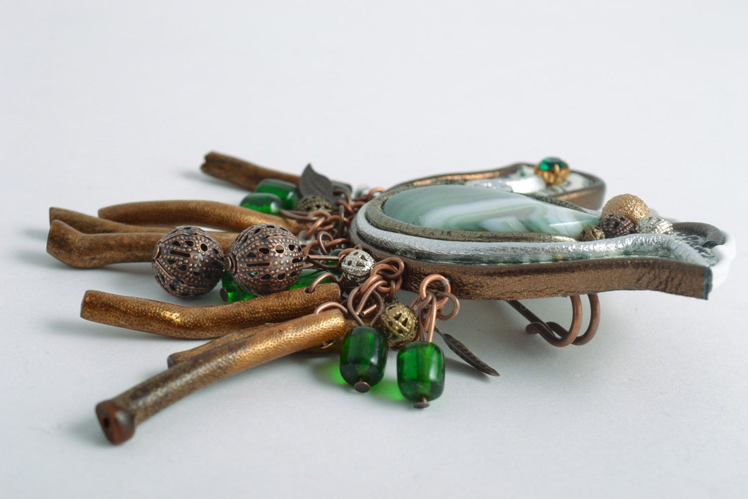 Leather handmade brooch in the form of a bird with natural stones large green accessory photo 4