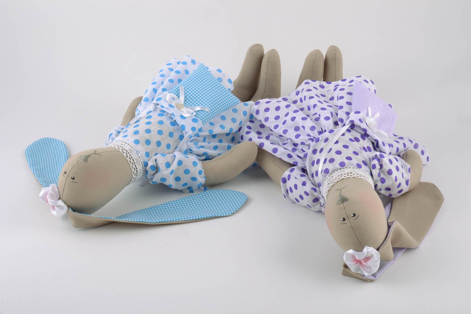 Set of 2 handmade natural fabric soft toys rabbits girls in polka dot dresses photo 4