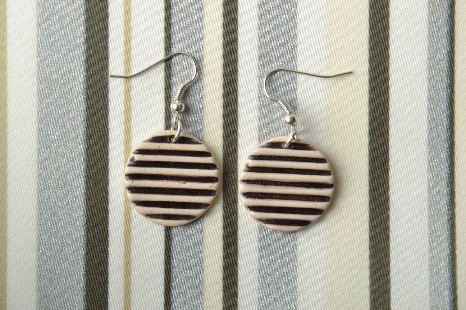 Striped round clay earrings painted with color enamels photo 1