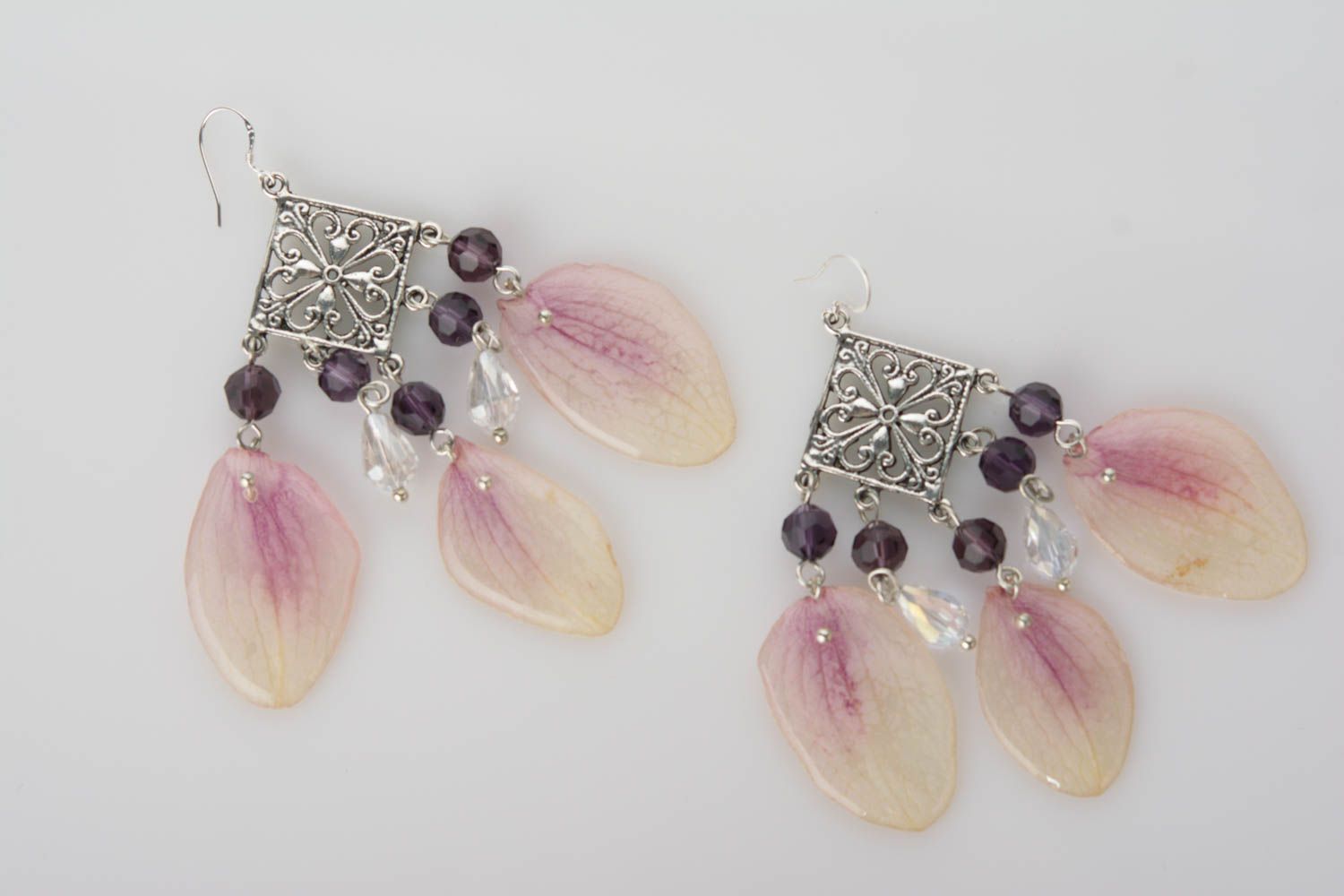 Handmade botanic earrings with orchid petals in epoxy resin large summer accessory photo 1