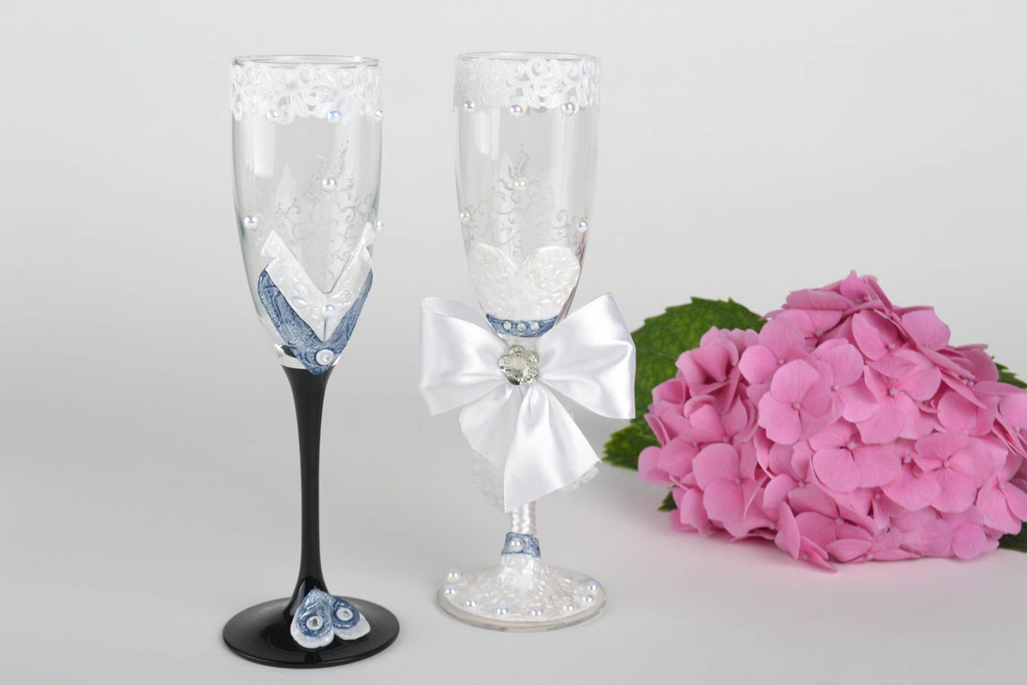 Wedding champagne glasses set of 2 decorative wine glasses handmade decorations photo 1