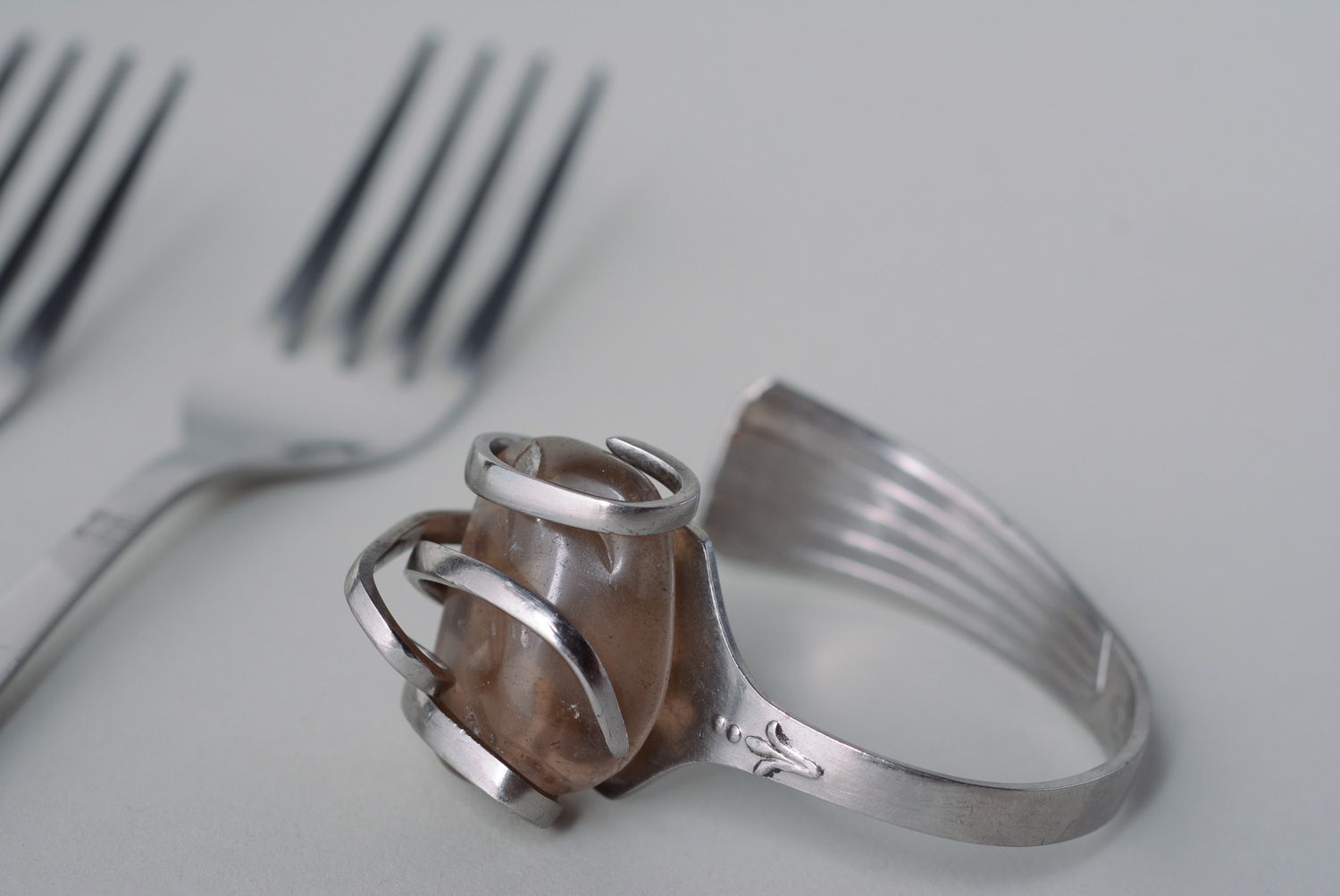 Handmade metal fork wrist bracelet with natural stone photo 1