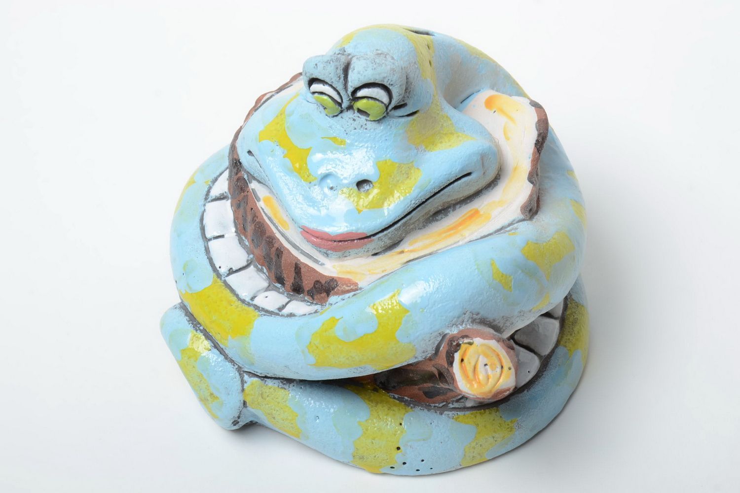 Handmade funny semi porcelain painted figurine money box blue snake on stub photo 4