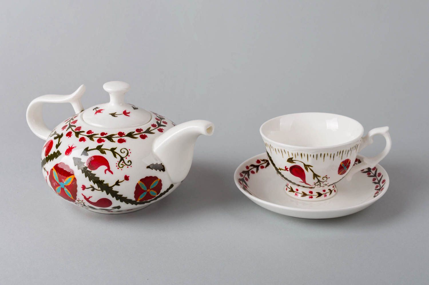 Набор керамики чашка с блюдцем и заварочный чайник с авторской росписью хэндмэйд фото 2