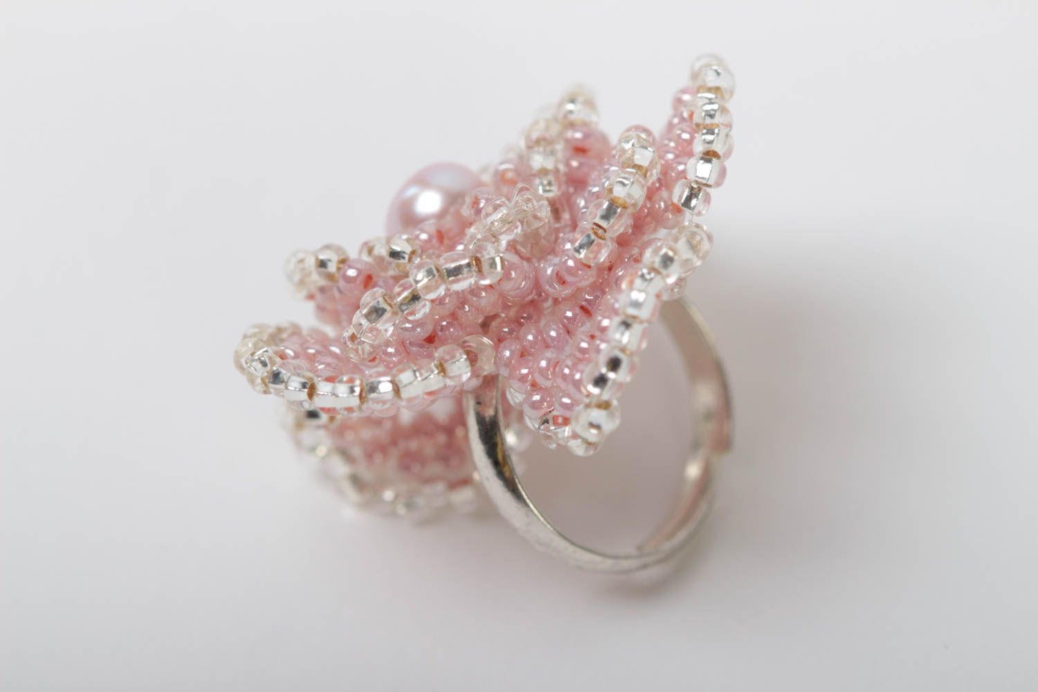 Handmade beaded ring unusual pink accessory for kids cute stylish jewelry photo 4