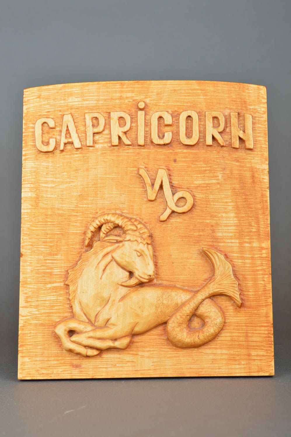 Beautiful handmade carved wooden wall hanging panel with Capricorn zodiac sign photo 2