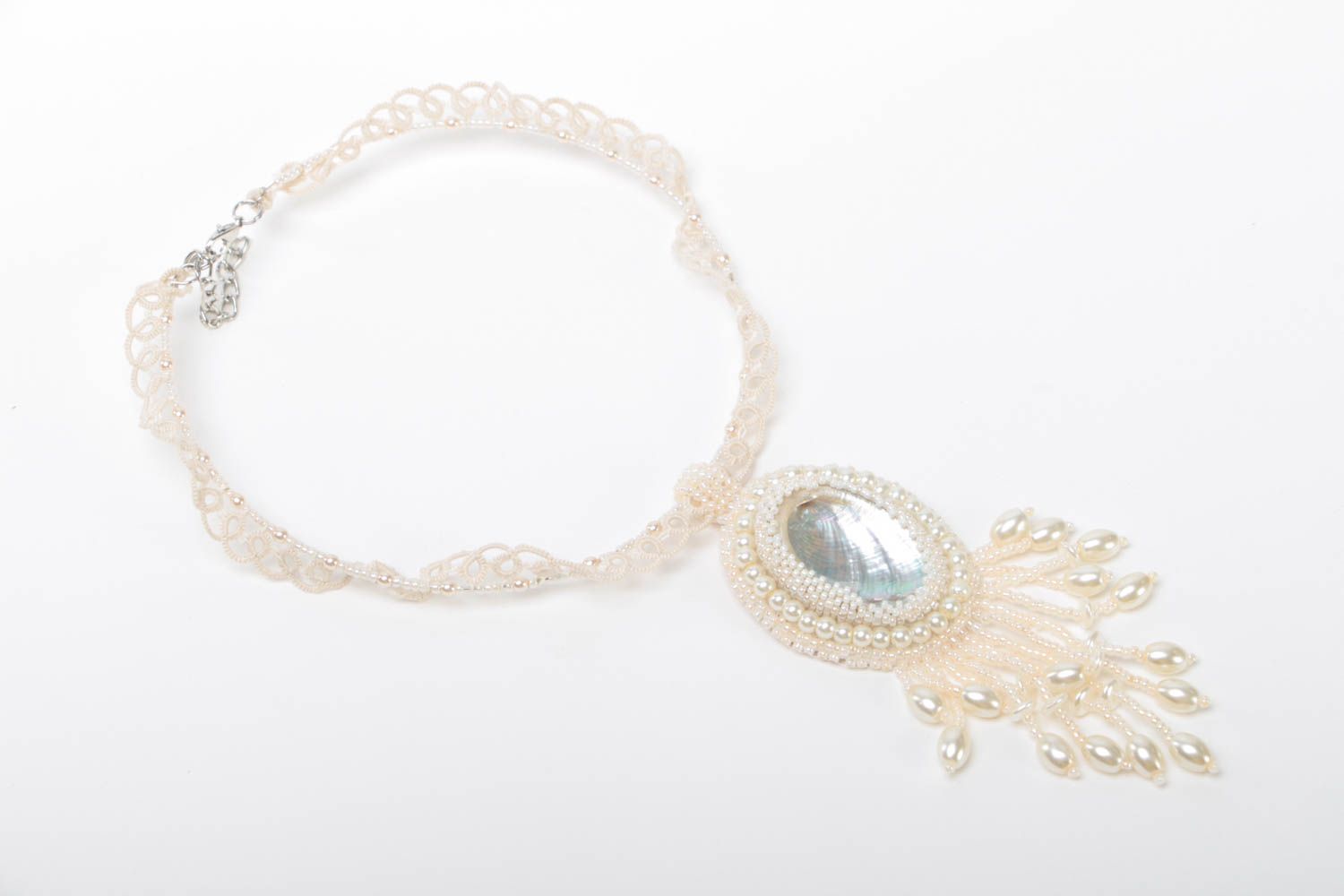 Handmade openwork necklace beaded cotton jewelry white beautiful accessory photo 2