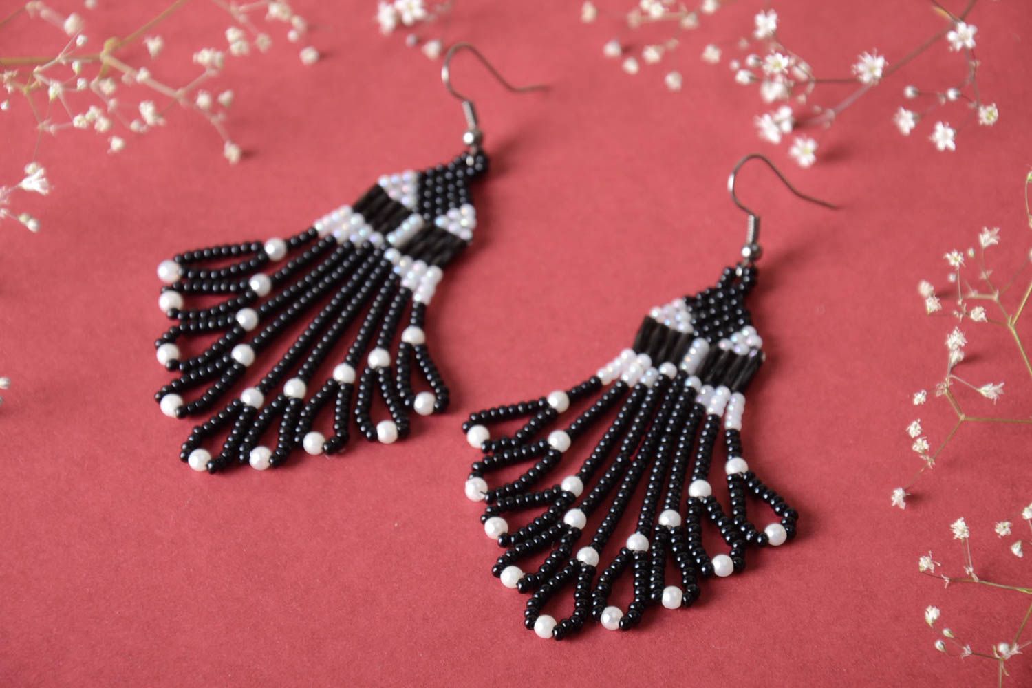 Handmade beaded earrings black and white accessory designer earrings with charms photo 1