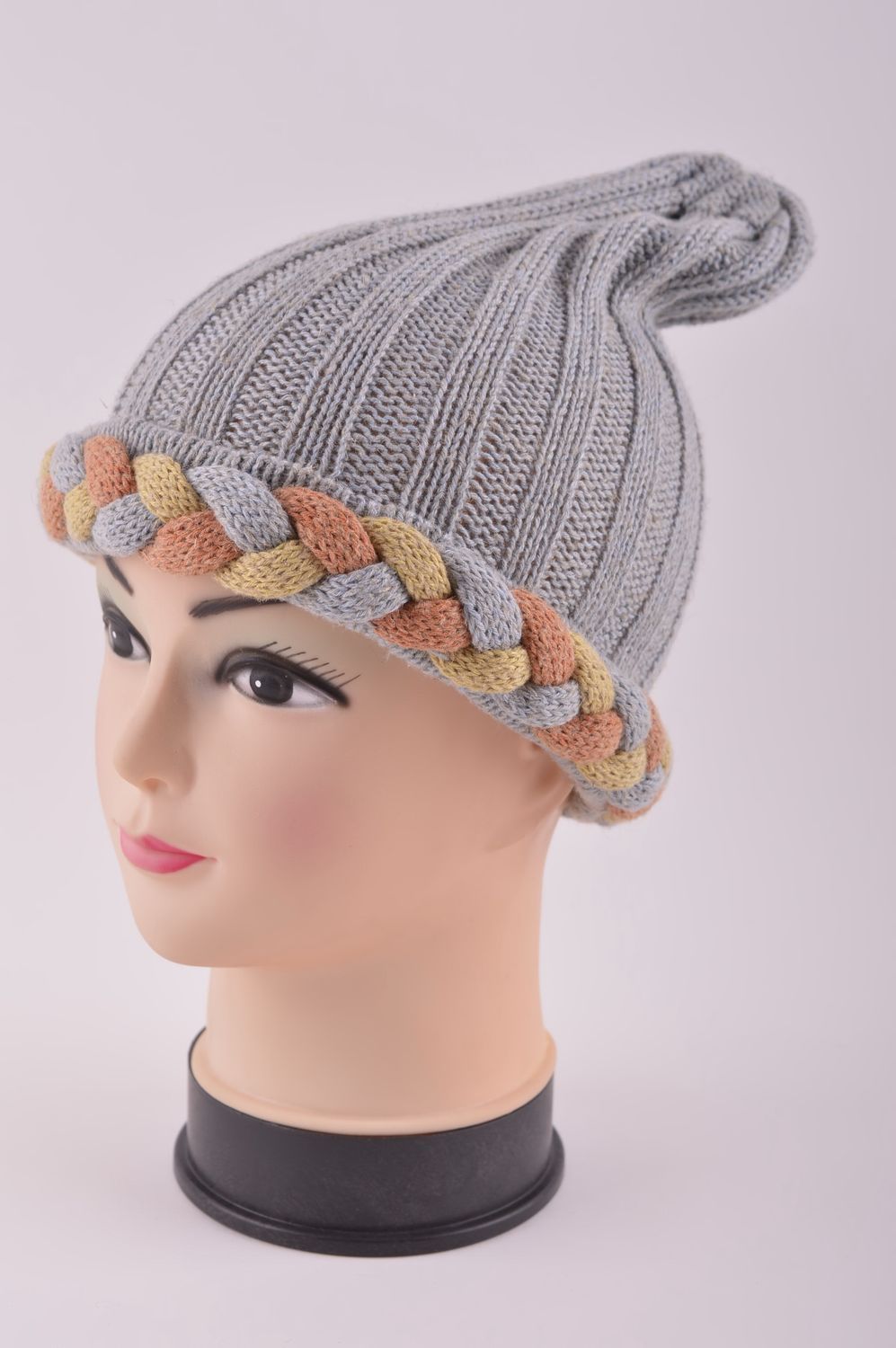Bonnet tricot fait main Chapeau chaud gris laine acrylique Vêtement femme photo 2