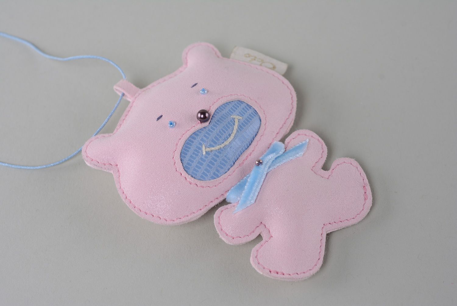 Homemade genuine leather key fob in the shape of cute pink bear charm for bag photo 4