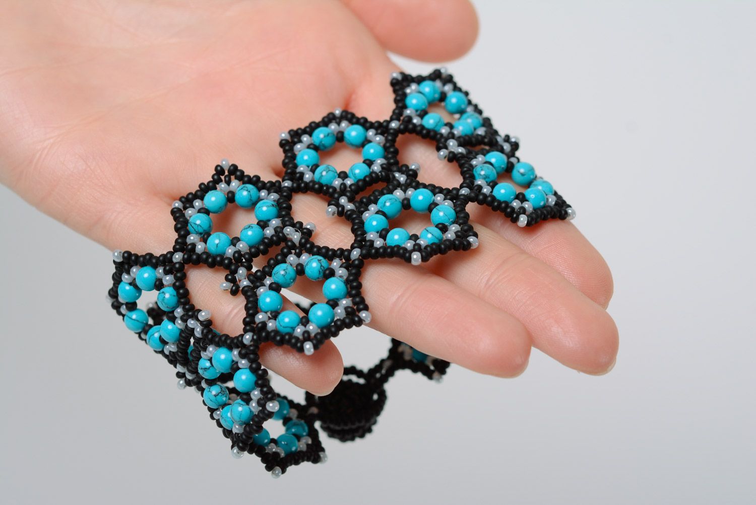 Black and blue handmade designer wrist bracelet woven of beads for women photo 2