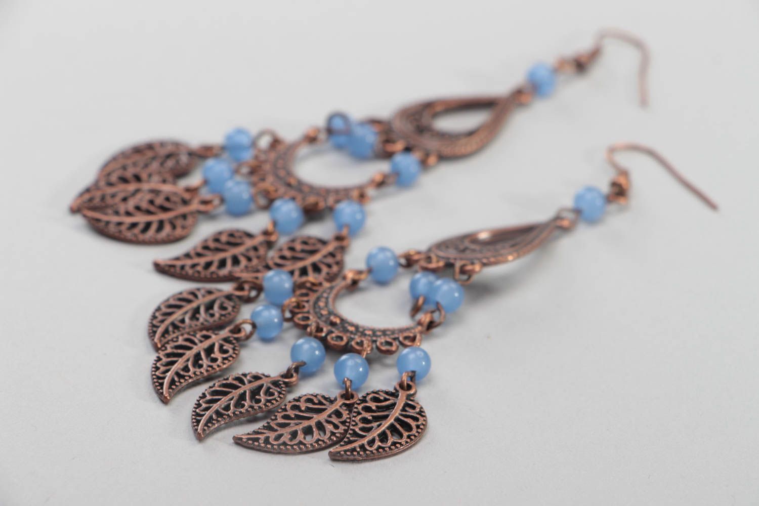 Handmade long earrings massive blue accessories jewelry made of glass beads photo 3