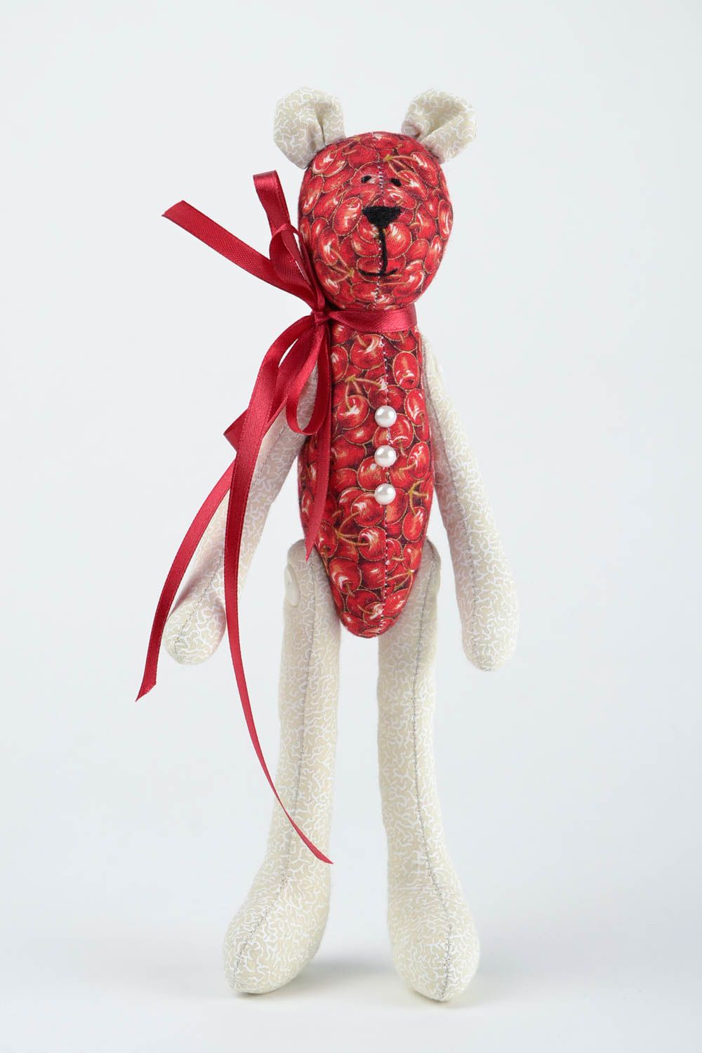 Peluche Ours en tissu de coton faite main blanc-rouge Cadeau pour enfant photo 4
