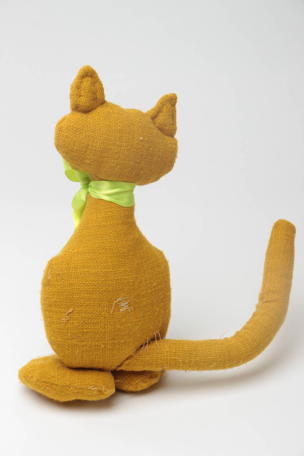 Handmade designer fabric soft toy burlap cat with buttons and bow for children photo 4