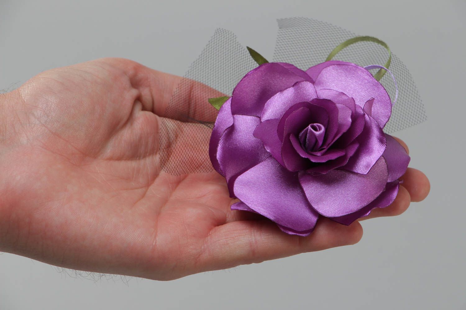 Handmade decorative hair clip with large volume satin rose flower of violet color photo 5