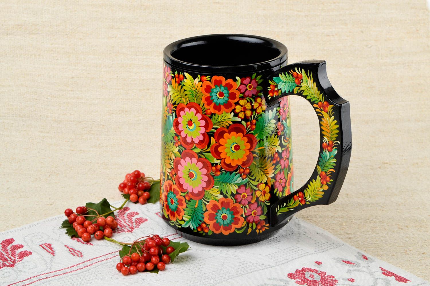 Tasse bois faite main Mug original design floral Vaisselle en bois décorative photo 1