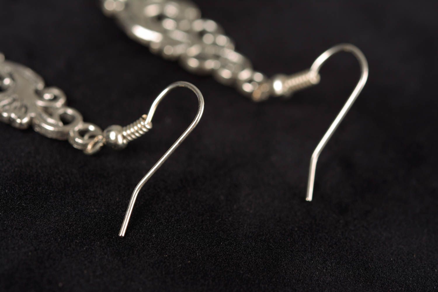 Designer long lacy metal handmade dangle earrings with bright blue rhinestones photo 4