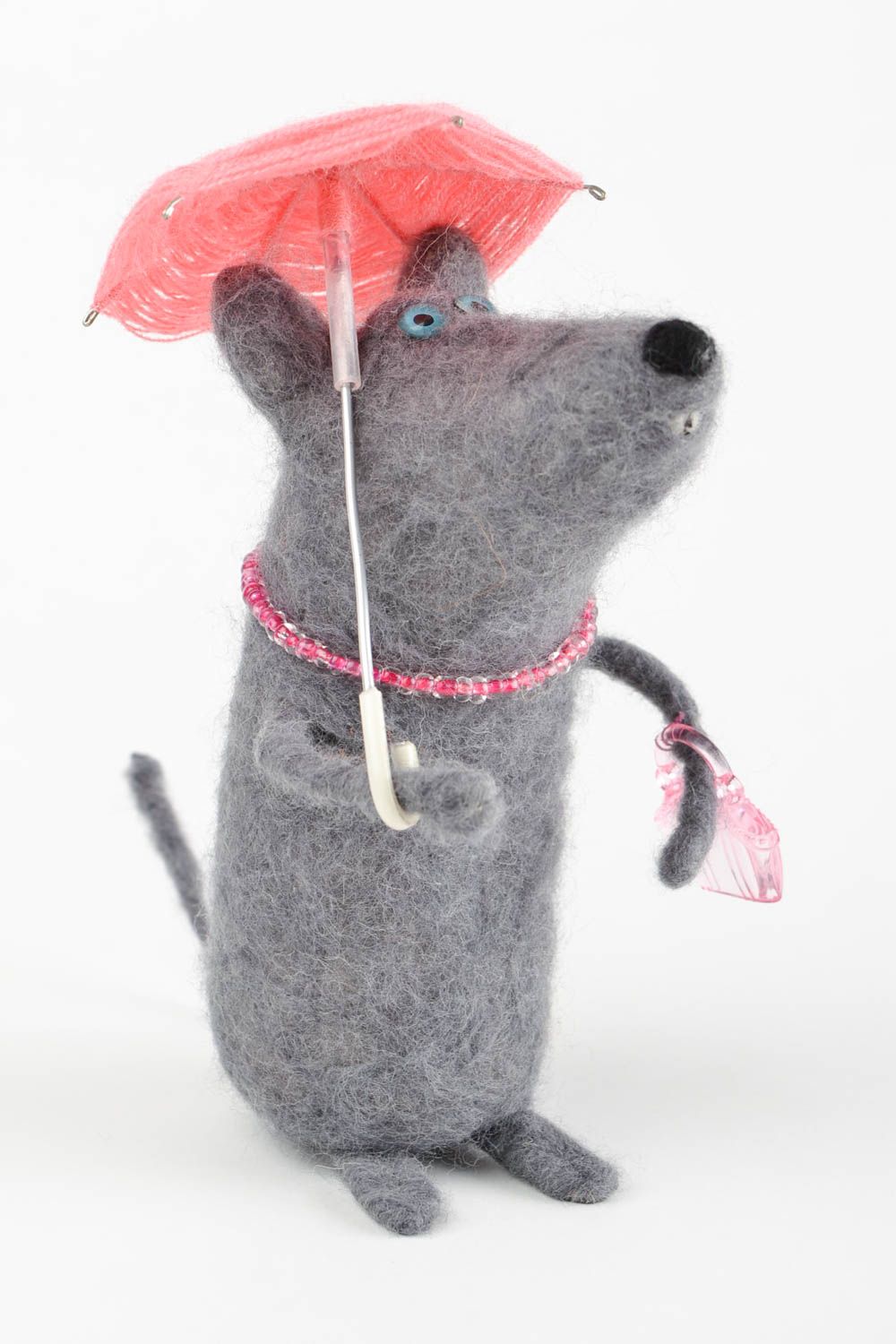Peluche rat avec parapluie Jouet fait main en laine feutrée Cadeau pour enfant photo 4