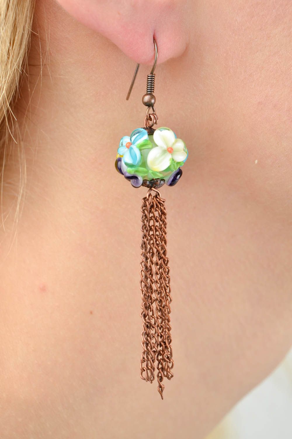 Boucles d'oreilles pendantes Bijou fait main métal perles en verre Cadeau femme photo 2