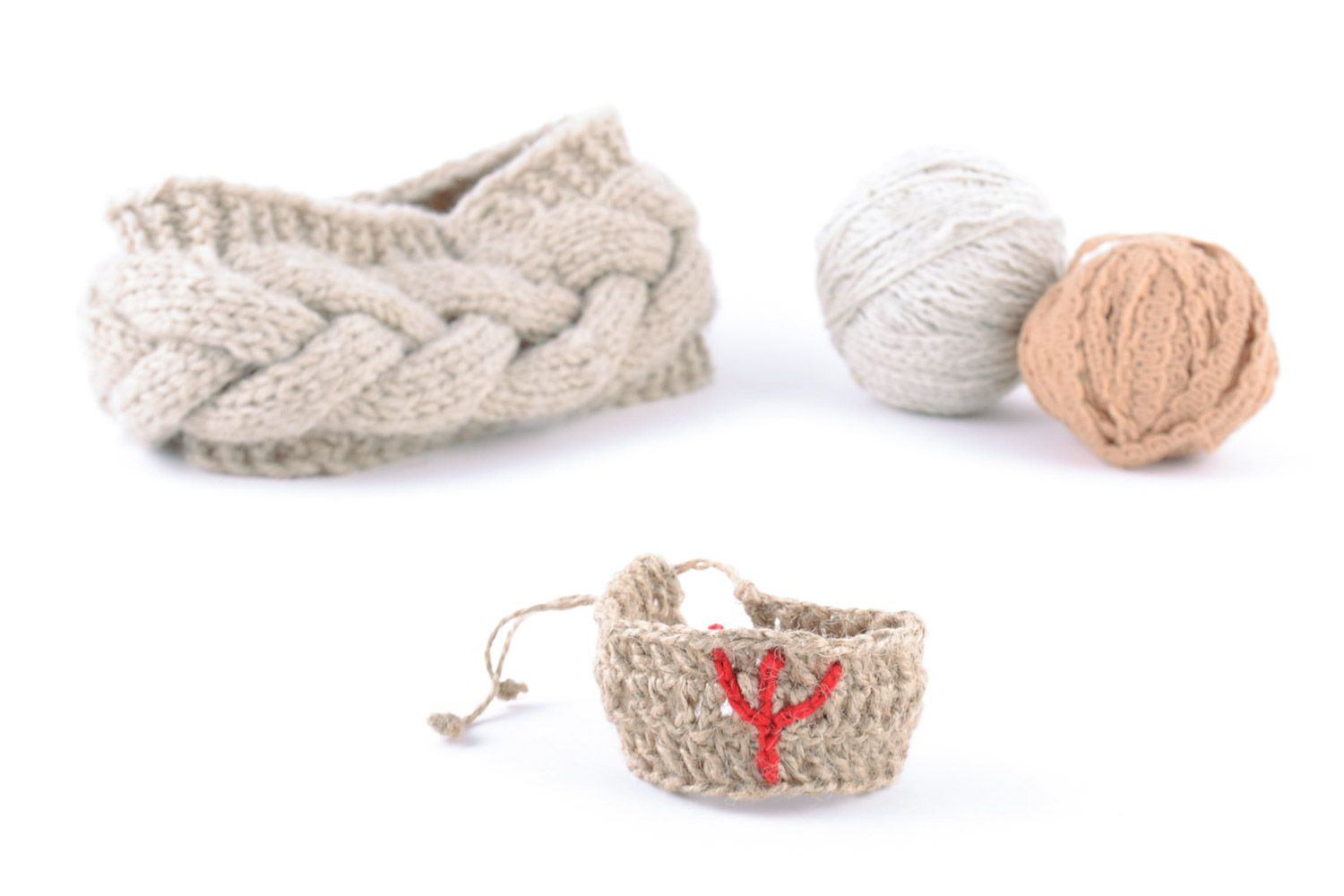 Handmade unusual wrist bracelet crochet of twine with rune and ties next-to-skin amulet photo 1