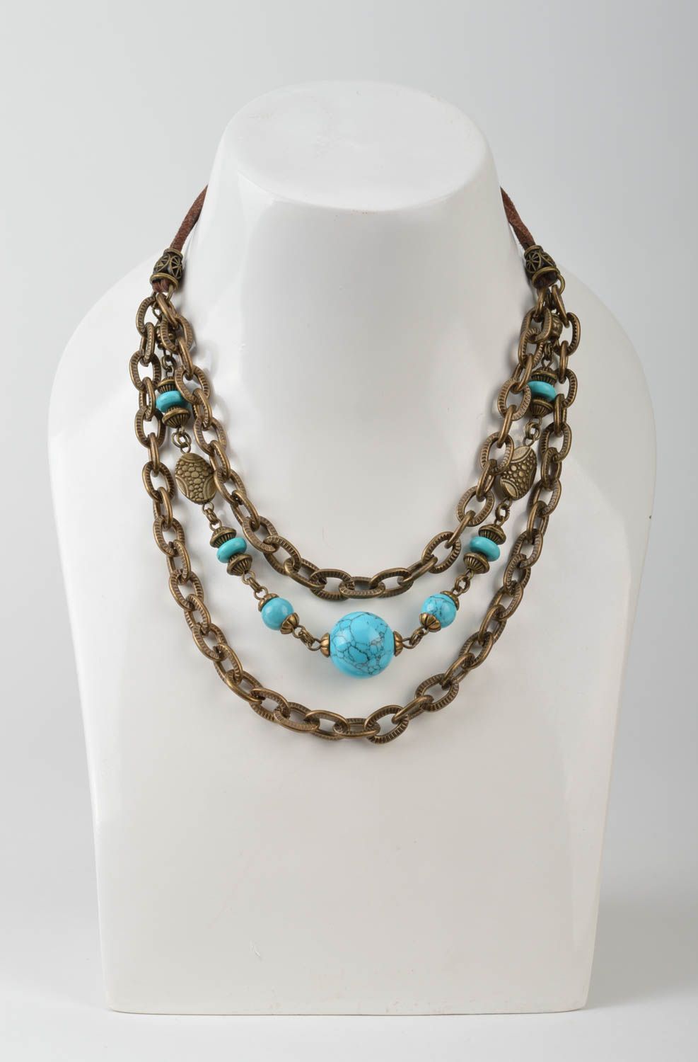 Handgemachte Metall Halskette mit Perlen türkisblau an Wildleder Schnur schön foto 3
