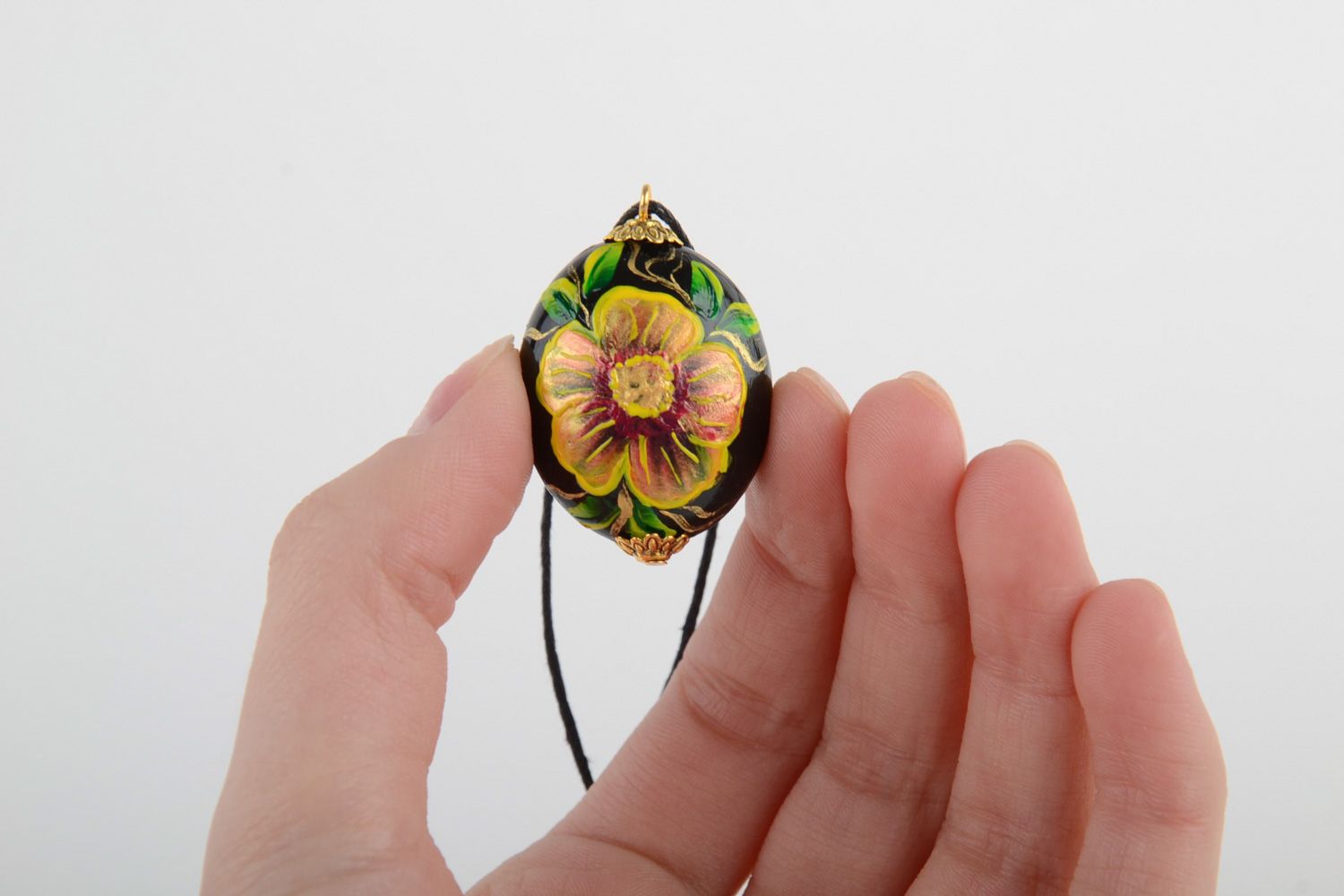 Handmade plastic pendant with cord painted with acrylics  photo 4