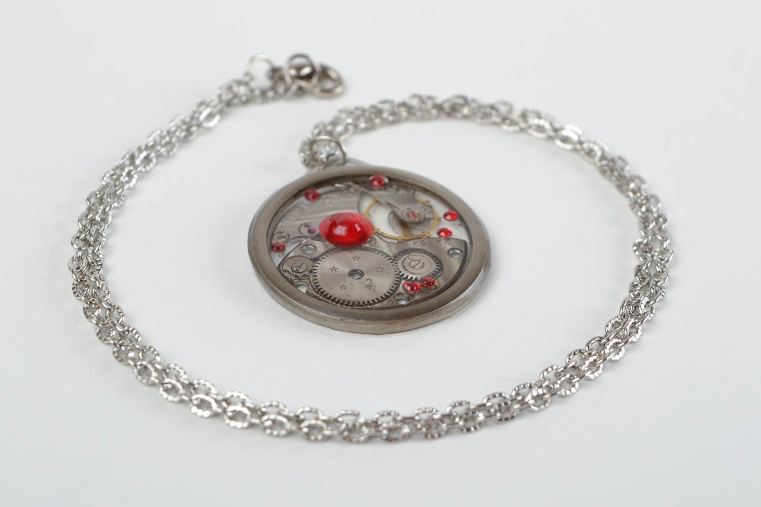 Handmade designer round steampunk pendant with rhinestones on metal chain photo 2