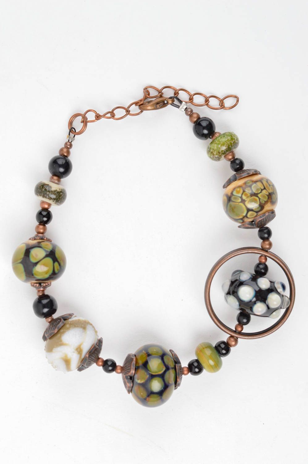 Art handmade glass green beads bracelet on the metal chain for women photo 3