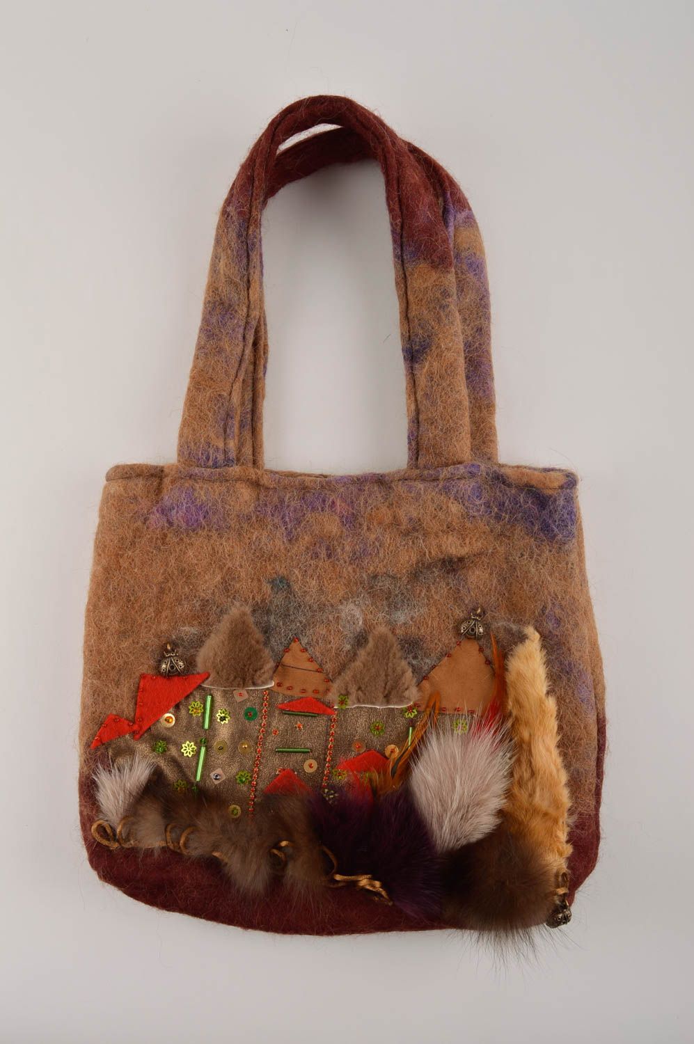 Женская сумка ручной работы сумка из шерсти коричневая сумка валяние с ручками фото 2